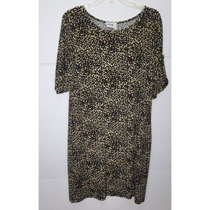JBS Knit Shift Dress Womens 12 Brown Leopard Short Sleeve Button Tab Boho Office